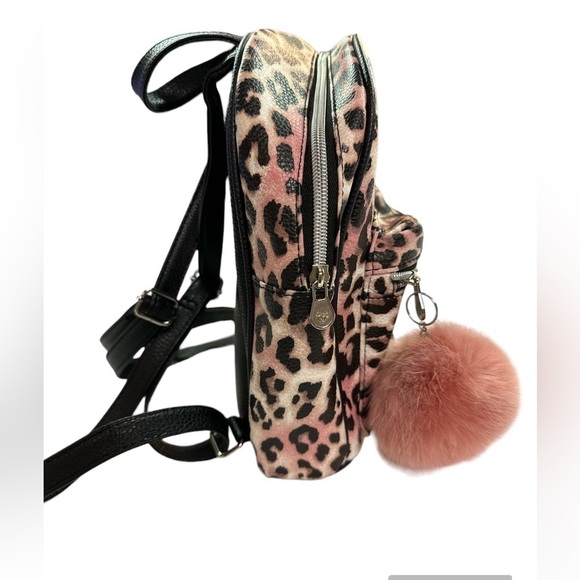 Justice Pink/Black/White Animal Print w/Pom Pom Backpack Faux Fur - Picture 3 of 10